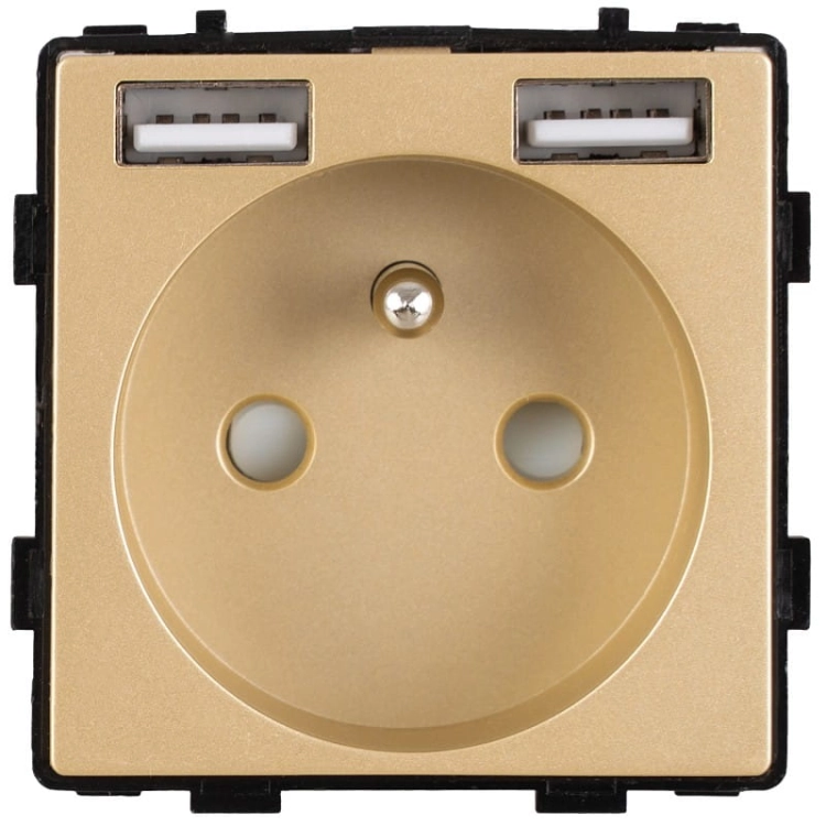 Moduł Gniazdo z Bolcem + Podwójna Ładowarka USB A+A Złota do Ramek