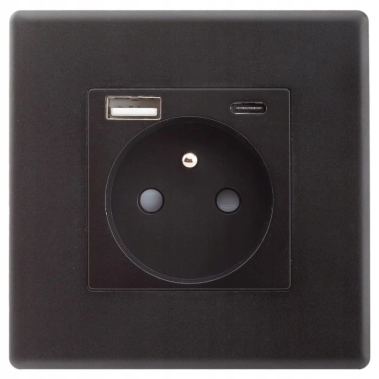 Gniazdo Czarne z Bolcem + Gniazdo USB A + C Zestaw z Ramką PCV