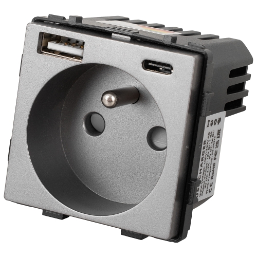 Moduł Gniazdo z Bolcem Szare + Podwójna Ładowarka USB 2.4A Typ A+C do Ramek