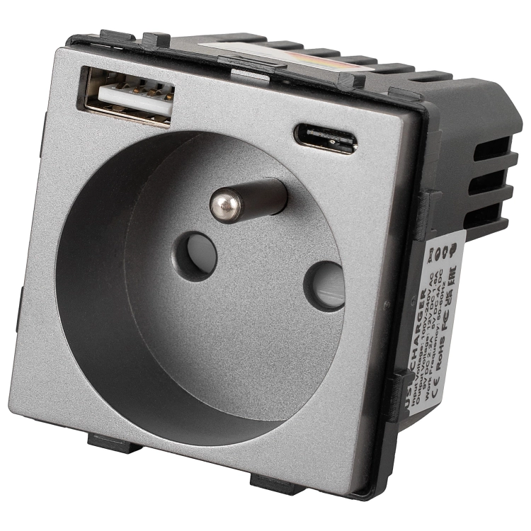 Moduł Gniazdo z Bolcem Szare + Podwójna Ładowarka USB 2.4A Typ A+C do Ramek