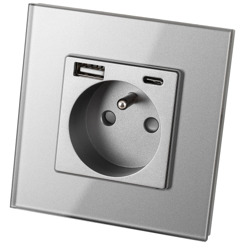 Gniazdo z Bolcem Szklane Szare + Podwójna Ładowarka USB 2.4A Typ A+C