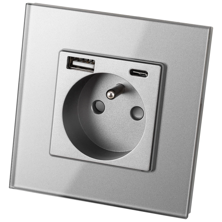 Gniazdo z Bolcem Szklane Szare + Podwójna Ładowarka USB 2.4A Typ A+C
