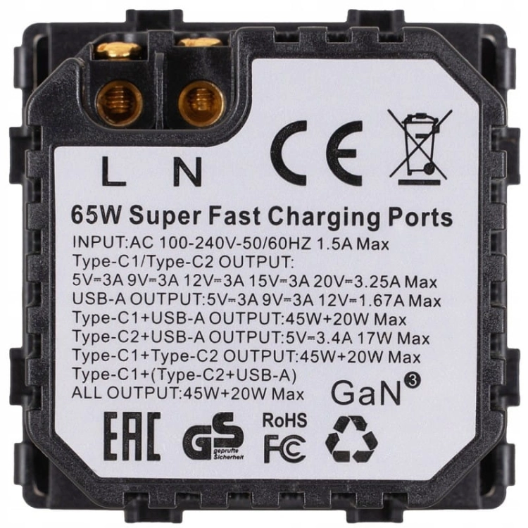 Moduł Gniazdo Potrójna Ładowarka USB 65W A+C+C Czarny do Ramek