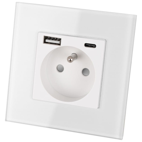 Gniazdo z Bolcem Szklane Białe + Podwójna Ładowarka USB 2.4A Typ A+C