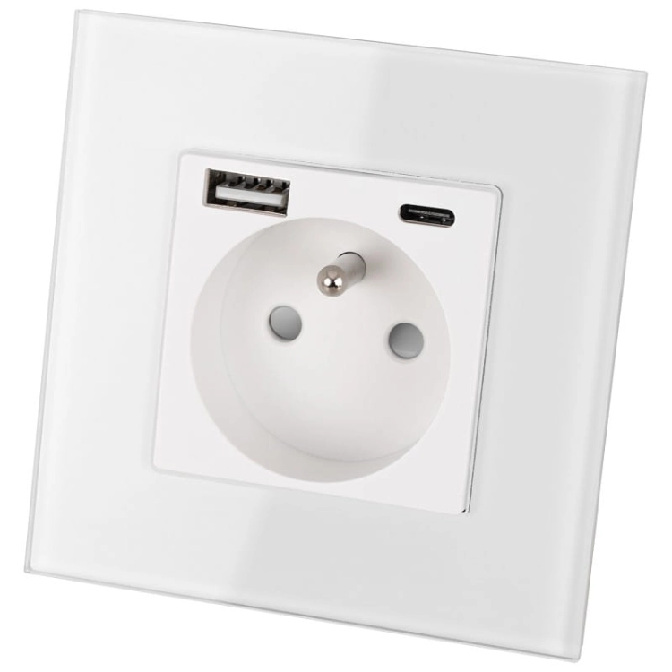 Gniazdo z Bolcem Szklane Białe + Podwójna Ładowarka USB 2.4A Typ A+C