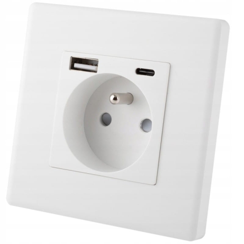Gniazdo Białe Podwójna Ładowarka USB A+C 2.4A Zestaw z Ramką PCV