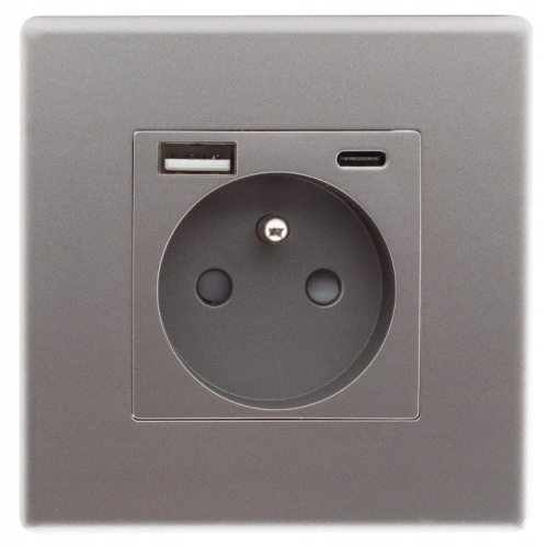 Gniazdo Szare z Bolcem + Gniazdo USB A+C Zestaw z Ramką PCV