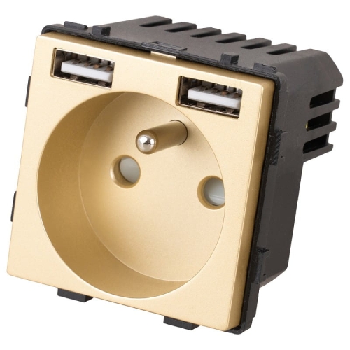 Moduł Gniazdo z Bolcem + Podwójna Ładowarka USB A+A Złota do Ramek